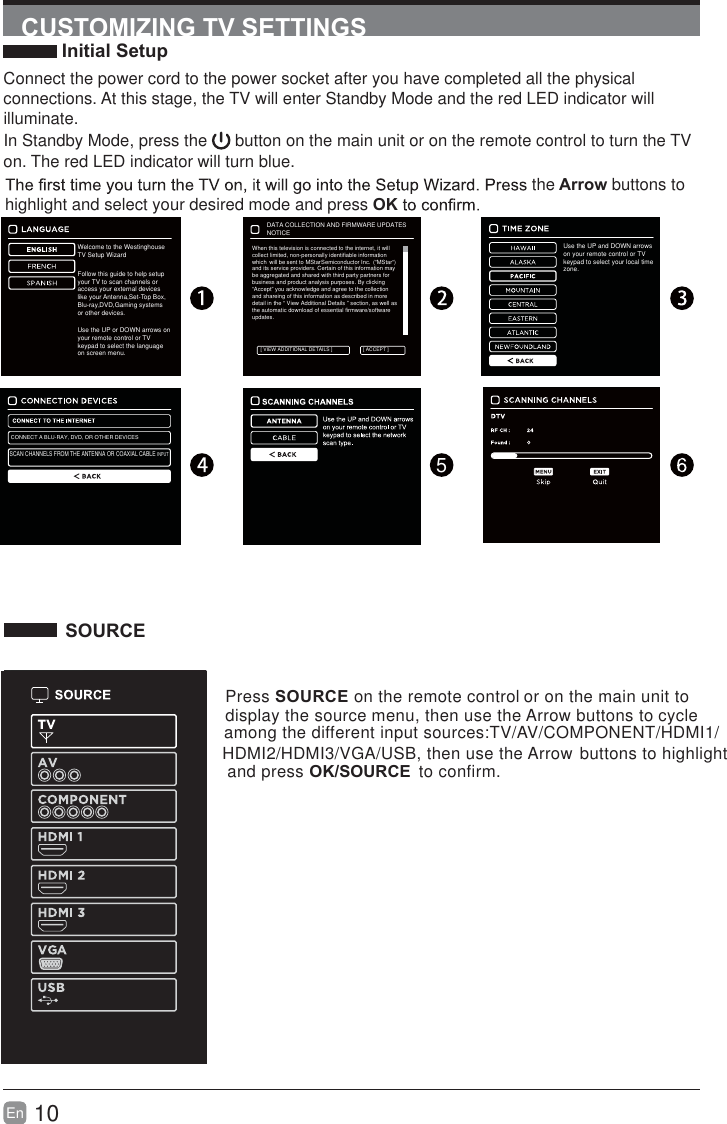 10En  CUSTOMIZING TV SETTINGS Initial SetupConnect the power cord to the power socket after you have completed all the physical connections. At this stage, the TV will enter Standby Mode and the red LED indicator will illuminate. In Standby Mode, press the   button on the main unit or on the remote control to turn the TV on. The red LED indicator will turn blue.the Arrow buttons to highlight and select your desired mode and press OK57 Ifchannelscannotbefound,thisframewillbedisplayedautomatically.Home Mode :The picture mode will be Standard if you select this mode.Retail Mode: Select Dynamic Mode if you would like your picture to be brighter. At times this mode may use more energy to operate the Volume/Sound Mode and the Picture Mode. The SLEEP-MODE Power should belessthan0.5W.Westinghouse SOURCEPress SOURCE on the remote control or on the main unit to display the source menu, then use the Arrow buttons to cycle among the different input sources: TV/AV/COMPONENT/HDMI1/HDMI2/HDMI3/VGA/USB, then use the Arrow buttons to highlight  and press OK/SOURCE  to confirm.SCAN CHANNELS FROM THE ANTENNA OR COAXIAL CABLEINPUTCONNECT A BLU-RAY, DVD, OR OTHER DEVICESWhen this television is connected to the internet, it willcollect limited, non-personally identifiable informationwhich  will be sent to MStar Semiconductor Inc.  (&ldquo;MStar&ldquo;)and its service providers. Certain of this information maybe aggregated and shared with third party partners forbusiness and product analysis purposes. By clicking&ldquo;Accept&rdquo; you acknowledge and agree to the collectionand shareing of this information as described in moredetail in the &ldquo; View Additional Details &rdquo; section, as well asthe automatic download of essential firmware/softwareupdates.DATA COLLECTION AND FIRMWARE UPDATESNOTICE[ ACCEPT ][ VIEW ADDITIONAL DETAILS ]Welcome to the WestinghouseTV Setup Wizard.Follow this guide to help setupyour TV to scan channels oraccess your external deviceslike your Antenna,Set-Top Box,Blu-ray,DVD,Gaming systemsor other devices.Use the UP or DOWN arrows on your remote control or TV keypad to select the language on screen menu.Use the UP and DOWN arrows on your remote control or TV keypad to select your local time zone.