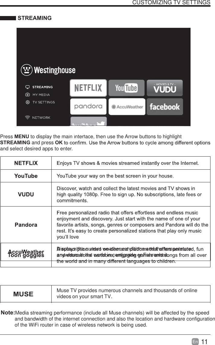 WESTINGHOUSE11En  CUSTOMIZING TV SETTINGS STREAMINGPress MENU to display the main interface, then use the Arrow buttons to highlight STREAMING and press OKand select desired apps to enter.MUSEMuse TV provides numerous channels and thousands of online videos on your smart TV.Note:Media streaming performance (include all Muse channels) will be affected by the speed           and bandwidth of the internet connection and also the location and hardware configuration          of the WiFi router in case of wireless network is being used.