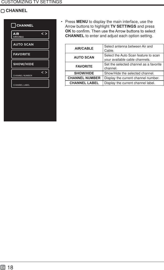 18En  CUSTOMIZING TV SETTINGS CHANNEL Press MENU to display the main interface, use the Arrow buttons to highlight TV SETTINGS and press OKCHANNEL to enter and adjust each option setting. AIR/CABLE Select antenna between Air and Cable.AUTO SCAN Select the Auto Scan feature to scan your available cable channels.FAVORITE Set the selected channel as a favorite channel.SHOW/HIDE Show/Hide the selected channel.CHANNEL NUMBER Display the current channel number.CHANNEL LABEL Display the current channel label.SIGNAL INFORMATIONDisplay the information of current signal.