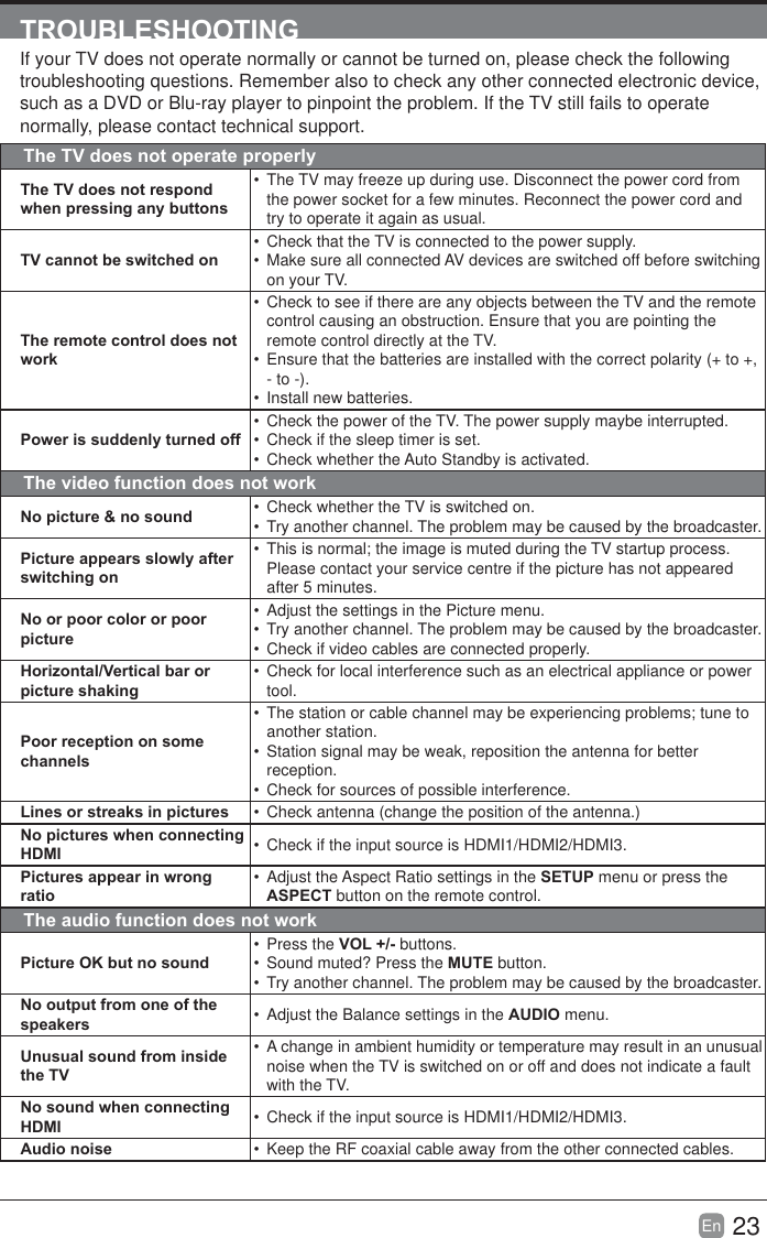 23En  TROUBLESHOOTINGIf your TV does not operate normally or cannot be turned on, please check the following troubleshooting questions. Remember also to check any other connected electronic device, such as a DVD or Blu-ray player to pinpoint the problem. If the TV still fails to operate normally, please contact technical support.The TV does not operate properlyThe TV does not respond when pressing any buttons  The TV may freeze up during use. Disconnect the power cord from the power socket for a few minutes. Reconnect the power cord and try to operate it again as usual.TV cannot be switched on  Check that the TV is connected to the power supply.  Make sure all connected AV devices are switched off before switching on your TV.The remote control does not work  Check to see if there are any objects between the TV and the remote control causing an obstruction. Ensure that you are pointing the remote control directly at the TV.  Ensure that the batteries are installed with the correct polarity (+ to +, - to -).  Install new batteries. Power is suddenly turned off  Check the power of the TV. The power supply maybe interrupted.  Check if the sleep timer is set.  Check whether the Auto Standby is activated. The video function does not workNo picture &amp; no sound   Check whether the TV is switched on.  Try another channel. The problem may be caused by the broadcaster.Picture appears slowly after switching on  This is normal; the image is muted during the TV startup process. Please contact your service centre if the picture has not appeared after 5 minutes.No or poor color or poor picture  Adjust the settings in the Picture menu.  Try another channel. The problem may be caused by the broadcaster.   Check if video cables are connected properly.Horizontal/Vertical bar or picture shaking  Check for local interference such as an electrical appliance or power tool.Poor reception on some channels  The station or cable channel may be experiencing problems; tune to another station.  Station signal may be weak, reposition the antenna for better reception.   Check for sources of possible interference.Lines or streaks in pictures   Check antenna (change the position of the antenna.)No pictures when connecting HDMI   Check if the input source is HDMI1/HDMI2/HDMI3.Pictures appear in wrong ratio  Adjust the Aspect Ratio settings in the SETUP menu or press the ASPECT button on the remote control.The audio function does not workPicture OK but no sound Press the VOL +/- buttons.   Sound muted? Press the MUTE button.  Try another channel. The problem may be caused by the broadcaster.No output from one of the speakers   Adjust the Balance settings in the AUDIO menu.Unusual sound from inside the TV  A change in ambient humidity or temperature may result in an unusual noise when the TV is switched on or off and does not indicate a fault with the TV.No sound when connecting HDMI   Check if the input source is HDMI1/HDMI2/HDMI3.Audio noise   Keep the RF coaxial cable away from the other connected cables.