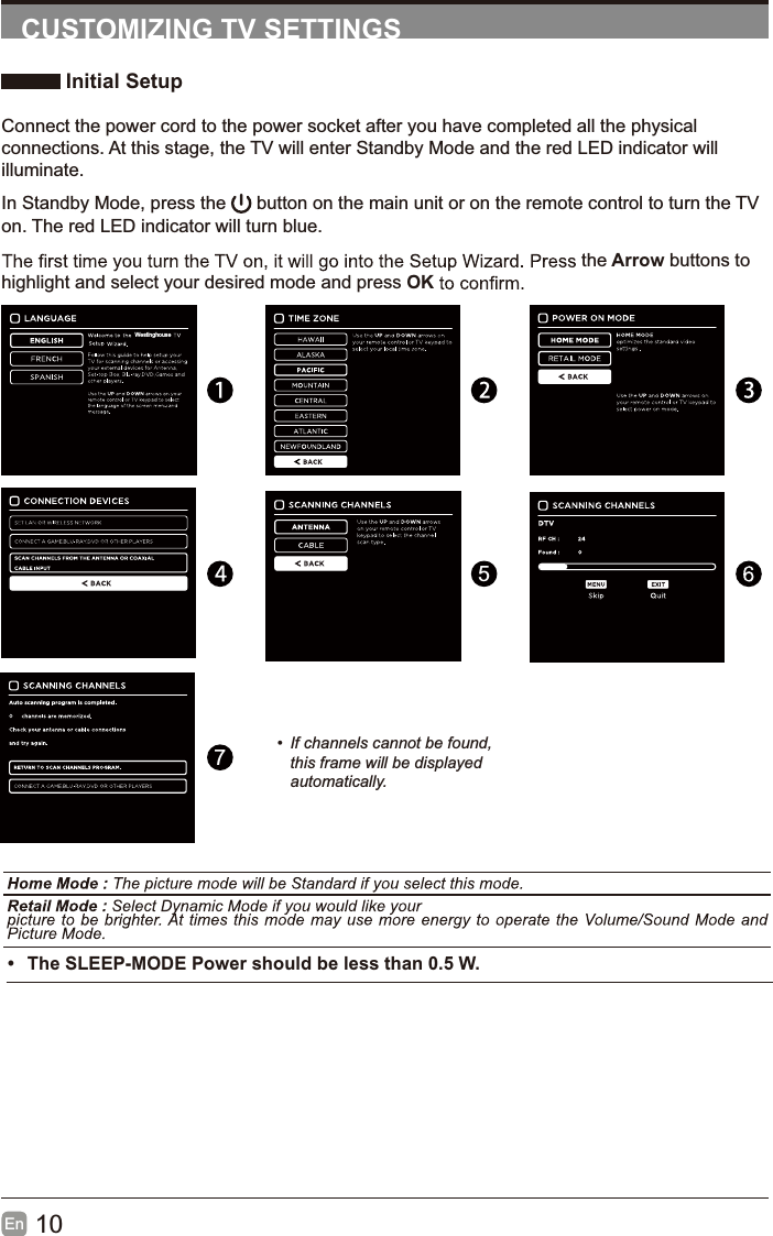 10EnCUSTOMIZING TV SETTINGS Initial SetupConnect the power cord to the power socket after you have completed all the physical connections. At this stage, the TV will enter Standby Mode and the red LED indicator will illuminate.In Standby Mode, press the   button on the main unit or on the remote control to turn the TVon. The red LED indicator will turn blue.the Arrow buttons to highlight and select your desired mode and press OK57&bull; If channels cannot be found, this frame will be displayed automatically.&bull; The SLEEP-MODE Power should be less than 0.5 W.Westinghouse