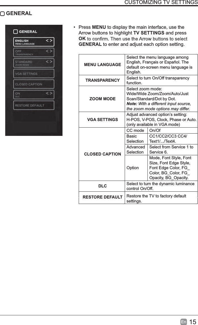 15EnCUSTOMIZING TV SETTINGS GENERAL&bull; Press MENU to display the main interface, use the Arrow buttons to highlight TV SETTINGS and press OKGENERAL to enter and adjust each option setting. MENU LANGUAGESelect the menu language among English, Fran&ccedil;ais or Espa&ntilde;ol. Thedefault on-screen menu language is English.TRANSPARENCY Select to turn On/Off transparency function.ZOOM MODESelect zoom mode: Wide/Wide Zoom/Zoom/Auto/Just Scan/Standard/Dot by Dot.Note: With a different input source, the zoom mode options may differ.VGA SETTINGSAdjust advanced option&rsquo;s setting: H-POS, V-POS, Clock, Phase or Auto.(only available in VGA mode)CLOSED CAPTIONCC mode On/OfBasicSelectionCC1/CC2/CC3 CC4/Text1/.../Text4.AdvancedSelectionSelect from Service 1 to Service 6.OptionMode, Font Style, Font Size, Font Edge Style, Font Edge Color, FG_Color, BG_Color, FG_Opacity, BG_Opacity.DLC Select to turn the dynamic luminance control On/Off.RESTORE DEFAULT Restore the TV to factory default settings.