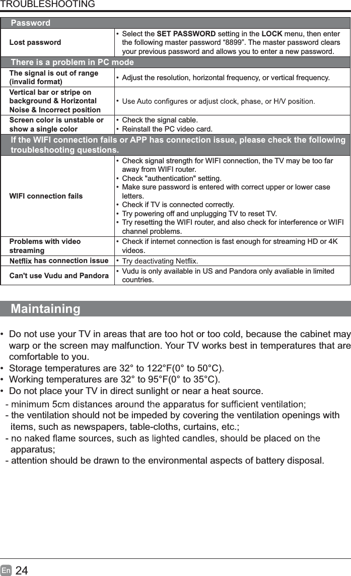 24EnTROUBLESHOOTINGPasswordLost password&bull; Select the SET PASSWORD setting in the LOCK menu, then enter the following master password &ldquo;8899&rdquo;. The master password clears your previous password and allows you to enter a new password.There is a problem in PC modeThe signal is out of range (invalid format) &bull; Adjust the resolution, horizontal frequency, or vertical frequency.Vertical bar or stripe on background &amp; Horizontal Noise &amp; Incorrect position&bull;Screen color is unstable or show a single color&bull; Check the signal cable.&bull; Reinstall the PC video card.If the WIFI connection fails or APP has connection issue, please check the following troubleshooting questions.WIFI connection fails&bull; Check signal strength for WIFI connection, the TV may be too far away from WIFI router.&bull; Check "authentication" setting.&bull; Make sure password is entered with correct upper or lower case letters.&bull; Check if TV is connected correctly.&bull; Try powering off and unplugging TV to reset TV.&bull; Try resetting the WIFI router, and also check for interference or WIFI channel problems.Problems with video streaming&bull; Check if internet connection is fast enough for streaming HD or 4K videos. has connection issue &bull;Can't use Vudu and Pandora &bull; Vudu is only available in US and Pandora only avaliable in limited countries.Maintaining&bull; Do not use your TV in areas that are too hot or too cold, because the cabinet maywarp or the screen may malfunction. Your TV works best in temperatures that arecomfortable to you.&bull; Storage temperatures are 32&deg; to 122&deg;F(0&deg; to 50&deg;C).&bull; Working temperatures are 32&deg; to 95&deg;F(0&deg; to 35&deg;C).&bull; Do not place your TV in direct sunlight or near a heat source.- the ventilation should not be impeded by covering the ventilation openings with    items, such as newspapers, table-cloths, curtains, etc.;  apparatus;- attention should be drawn to the environmental aspects of battery disposal.
