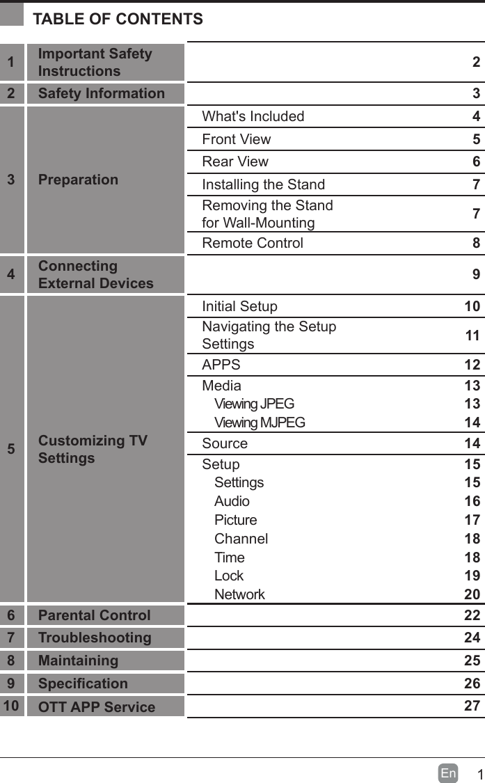 1En  TABLE OF CONTENTS1Important Safety Instructions 22 Safety Information 33 PreparationWhat's Included 4Front View 5Rear View 6Installing the Stand 7Removing the Stand for Wall-Mounting 7Remote Control 84Connecting External Devices 95Customizing TV SettingsInitial Setup 10Navigating the Setup Settings 11APPS 12Media                                                                                 13Viewing JPEG   13Viewing MJPEG 14Source 14Setup                                                                                15Settings 15Audio 16Picture 17Channel 18Time 18Lock 19Network 206 Parental Control 227 Troubleshooting 248 Maintaining 259Specication 2610 OTT APP Service 27
