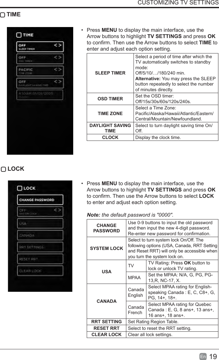 19En  CUSTOMIZING TV SETTINGS TIME&bull;  Press MENU to display the main interface, use the Arrow buttons to highlight TV SETTINGS and press OK to conrm. Then use the Arrow buttons to select TIME to enter and adjust each option setting.SLEEPTIMERSelect a period of time after which the TV automatically switches to standby mode:Off/5/10/&hellip;/180/240 min. Alternative: You may press the SLEEP button repeatedly to select the number of minutes directly.OSD TIMER Set the OSD timer: Off/15s/30s/60s/120s/240s. TIME ZONESelect a Time Zone: Pacic/Alaska/Hawaii/Atlantic/Eastern/Central/Mountain/Newfoundland.DAYLIGHTSAVINGTIMESelect to turn daylight saving time On/Off.CLOCK Display the clock time.LOCK&bull;  Press MENU to display the main interface, use the Arrow buttons to highlight TV SETTINGS and press OK to conrm. Then use the Arrow buttons to select LOCK to enter and adjust each option setting. Note: the default password is "0000".  CHANGE PASSWORDUse 0-9 buttons to input the old password and then input the new 4-digit password. Re-enter new password for conrmation. SYSTEMLOCKSelect to turn system lock On/Off. The following options (USA, Canada, RRT Setting and Reset RRT) will only be accessible when you turn the system lock on.USATV TV Rating: Press OK button to lock or unlock TV rating.MPAA Set the MPAA: N/A, G, PG, PG-13,R, NC-17, X.CANADACanada EnglishSelect MPAA rating for English-speaking Canada : E, C, C8+, G, PG, 14+, 18+.Canada FrenchSelect MPAA rating for Quebec Canada : E, G, 8 ans+, 13 ans+, 16 ans+, 18 ans+.RRT SETTING Set Rating Region Table.RESET RRT Select to reset the RRT setting.CLEARLOCK Clear all lock settings. 