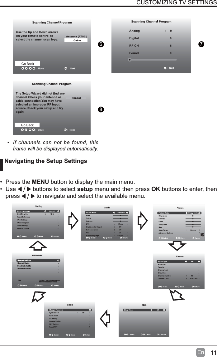 11EnCUSTOMIZING TV SETTINGS&bull; If channels can not be found, this frame will be displayed automatically.  Navigating the Setup Settings&bull; Press the MENU button to display the main menu. &bull; Use  buttons to select setup menu and then press OK buttons to enter, then press  to navigate and select the available menu.876Network SettingsNetwork StatusDeactivate NetflixDeactivate VUDU00000000000020075609