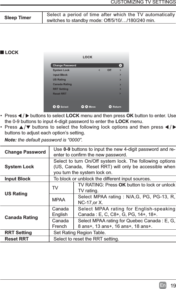 19EnSleep Timer Select a period of time after which the TV automatically switches to standby mode: Off/5/10/&hellip;/180/240 min.&bull; Press   buttons to select LOCK menu and then press OK button to enter. Use the 0-9 buttons to input 4-digit password to enter the LOCK menu.&bull; Press  buttons to select the following lock options and then pressbuttons to adjust each option&rsquo;s setting. LOCKNote: the default password is &ldquo;0000&rdquo;. Change Password Use 0-9 buttons to input the new 4-digit password and re-HQWHUWRFRQ&iquest;UPWKHQHZSDVVZRUGSystem LockSelect to turn On/Off system lock. The following options 86&amp;DQDGD5HVHW557ZLOORQO\EHDFFHVVLEOHZKHQyou turn the system lock on.Input Block To block or unblock the different input sources. US RatingTV TV RATING: Press OK button to lock or unlock TV rating.MPAA Select MPAA rating : N/A,G, PG, PG-13, R, NC-17,or X.Canada RatingCanadaEnglishSelect MPAA rating for English-speaking Canada : E, C, C8+, G, PG, 14+, 18+.CanadaFrenchSelect MPAA rating for Quebec Canada : E, G, 8 ans+, 13 ans+, 16 ans+, 18 ans+.RRT Setting Set Rating Region Table.Reset RRT Select to reset the RRT setting.CUSTOMIZING TV SETTINGS