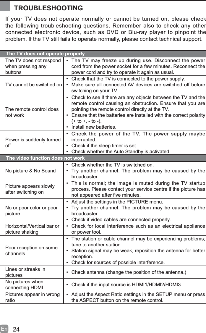 24EnIf your TV does not operate normally or cannot be turned on, please check the following troubleshooting questions. Remember also to check any other connected electronic device, such as DVD or Blu-ray player to pinpoint the problem. If the TV still fails to operate normally, please contact technical support.The TV does not operate properlyThe TV does not respond when pressing any buttons&bull; The TV may freeze up during use. Disconnect the power cord from the power socket for a few minutes. Reconnect the power cord and try to operate it again as usual.TV cannot be switched on&bull; Check that the TV is connected to the power supply.&bull; Make sure all connected AV devices are switched off before switching on your TV.The remote control does not work&bull; Check to see if there are any objects between the TV and the remote control causing an obstruction. Ensure that you are pointing the remote control directly at the TV.&bull; Ensure that the batteries are installed with the correct polarity WRWR&bull; Install new batteries. Power is suddenly turned off&bull; Check the power of the TV. The power supply maybe interrupted.&bull; Check if the sleep timer is set.&bull; Check whether the Auto Standby is activated. The video function does not workNo picture &amp; No Sound&bull; Check whether the TV is switched on.&bull; Try another channel. The problem may be caused by the broadcaster.Picture appears slowly after switching on&bull; This is normal; the image is muted during the TV startup process. Please contact your service centre if the picture has QRWDSSHDUHGDIWHU&iquest;YHPLQXWHVNo or poor color or poor picture&bull; Adjust the settings in the PICTURE menu.&bull; Try another channel. The problem may be caused by the broadcaster.&bull; Check if video cables are connected properly.Horizontal/Vertical bar or picture shaking&bull; Check for local interference such as an electrical appliance or power tool.Poor reception on some channels&bull; The station or cable channel may be experiencing problems; tune to another station.&bull; Station signal may be weak, reposition the antenna for better reception.&bull; Check for sources of possible interference.Lines or streaks in pictures &bull;&amp;KHFNDQWHQQDFKDQJHWKHSRVLWLRQRIWKHDQWHQQDNo pictures when connecting HDMI &bull; Check if the input source is HDMI1/HDMI2/HDMI3.Pictures appear in wrong ratio&bull; Adjust the Aspect Ratio settings in the SETUP menu or press the ASPECT button on the remote control.TROUBLESHOOTING