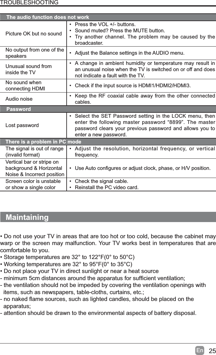 25EnTROUBLESHOOTINGThe audio function does not workPicture OK but no sound&bull; Press the VOL +/- buttons.&bull; Sound muted? Press the MUTE button.&bull; Try another channel. The problem may be caused by the broadcaster.No output from one of the speakers &bull; Adjust the Balance settings in the AUDIO menu.Unusual sound from inside the TV&bull; A change in ambient humidity or temperature may result in an unusual noise when the TV is switched on or off and does not indicate a fault with the TV. No sound when connecting HDMI &bull; Check if the input source is HDMI1/HDMI2/HDMI3.Audio noise &bull; Keep the RF coaxial cable away from the other connected cables.PasswordLost password&bull; Select the SET Password setting in the LOCK menu, then enter the following master password &ldquo;8899&rdquo;. The master password clears your previous password and allows you to enter a new password.There is a problem in PC modeThe signal is out of range LQYDOLGIRUPDW&bull; Adjust the resolution, horizontal frequency, or vertical frequency.Vertical bar or stripe on background &amp; Horizontal Noise &amp; Incorrect position&bull;8VH$XWRFRQ&iquest;JXUHVRUDGMXVWFORFNSKDVHRU+9SRVLWLRQScreen color is unstable or show a single color&bull; Check the signal cable.&bull; Reinstall the PC video card.Maintaining&bull; Do not use your TV in areas that are too hot or too cold, because the cabinet may warp or the screen may malfunction. Your TV works best in temperatures that are comfortable to you.6WRUDJHWHPSHUDWXUHVDUHWR)WR&amp;:RUNLQJWHPSHUDWXUHVDUHWR)WR&amp;&bull; Do not place your TV in direct sunlight or near a heat sourcePLQLPXPFPGLVWDQFHVDURXQGWKHDSSDUDWXVIRUVXI&iquest;FLHQWYHQWLODWLRQ- the ventilation should not be impeded by covering the ventilation openings with  items, such as newspapers, table-cloths, curtains, etc.;QRQDNHG&Agrave;DPHVRXUFHVVXFKDVOLJKWHGFDQGOHVVKRXOGEHSODFHGRQWKH  apparatus;- attention should be drawn to the environmental aspects of battery disposal.