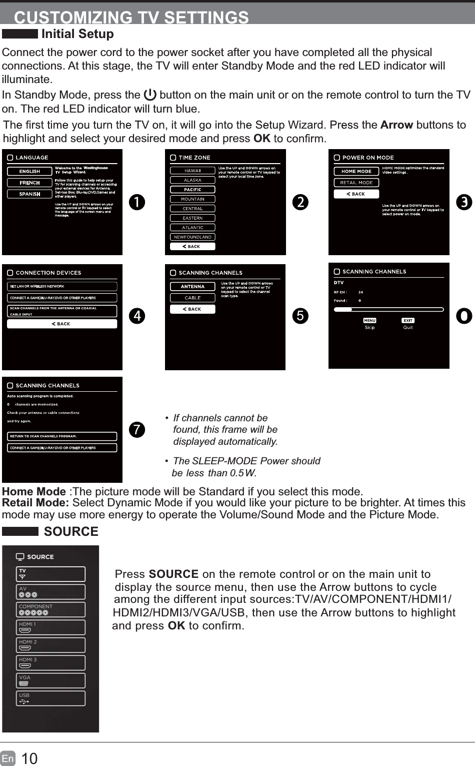 10En  CUSTOMIZING TV SETTINGS Initial SetupConnect the power cord to the power socket after you have completed all the physical connections. At this stage, the TV will enter Standby Mode and the red LED indicator will illuminate. In Standby Mode, press the   button on the main unit or on the remote control to turn the TV on. The red LED indicator will turn blue.the Arrow buttons to highlight and select your desired mode and press OK57 Ifchannelscannotbefound,thisframewillbedisplayedautomatically.Home Mode :The picture mode will be Standard if you select this mode.Retail Mode: Select Dynamic Mode if you would like your picture to be brighter. At times this mode may use more energy to operate the Volume/Sound Mode and the Picture Mode. The SLEEP-MODE Power should belessthan0.5W.WestinghousePress SOURCE on the remote control or on the main unit to display the source menu, then use the Arrow buttons to cycle among the different input sources: TV/AV/COMPONENT/HDMI1/HDMI2/HDMI3/VGA/USB, then use the Arrow buttons to highlight and press OK to confirm. SOURCE