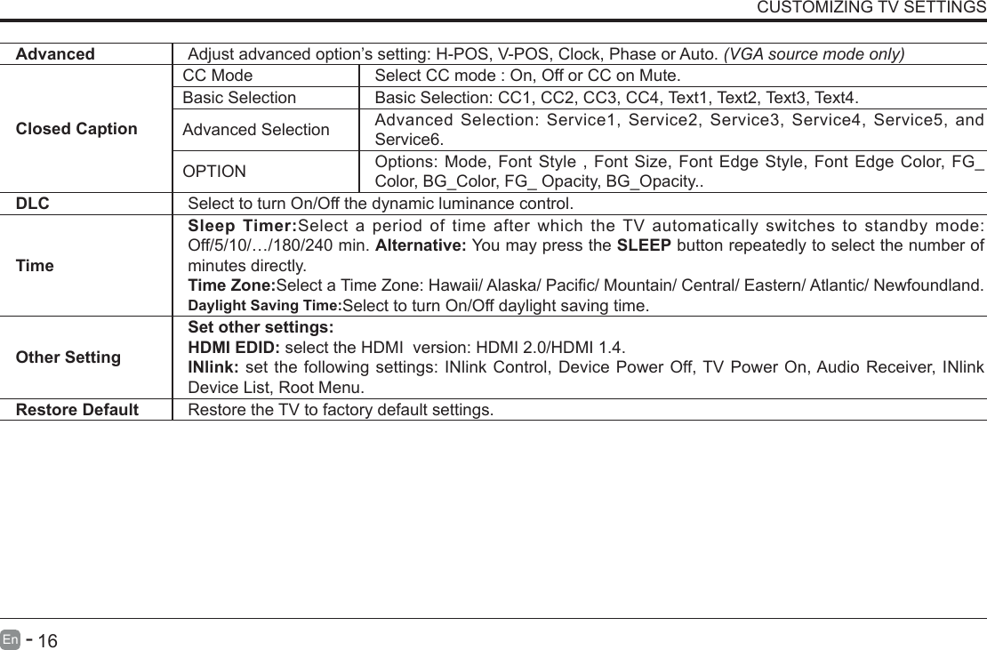       15En   -          16En   -   CUSTOMIZING TV SETTINGSAdvanced Adjust advanced option&rsquo;s setting: H-POS, V-POS, Clock, Phase or Auto. (VGA source mode only)Closed CaptionCC Mode Select CC mode : On, Off or CC on Mute.Basic Selection Basic Selection: CC1, CC2, CC3, CC4, Text1, Text2, Text3, Text4.Advanced Selection Advanced Selection: Service1, Service2, Service3, Service4, Service5, and Service6.OPTION Options: Mode, Font Style , Font Size, Font Edge Style, Font Edge Color, FG_Color, BG_Color, FG_ Opacity, BG_Opacity..DLC Select to turn On/Off the dynamic luminance control.TimeSleep Timer:Select a period of time after which the TV automatically switches to standby mode: Off/5/10/&hellip;/180/240 min. Alternative: You may press the SLEEP button repeatedly to select the number of minutes directly.Time Zone:SelectaTimeZone:Hawaii/Alaska/Pacic/Mountain/Central/Eastern/Atlantic/Newfoundland.Daylight Saving Time:Select to turn On/Off daylight saving time.Other SettingSet other settings:HDMI EDID: select the HDMI  version: HDMI 2.0/HDMI 1.4.INlink: set the following settings: INlink Control, Device Power Off, TV Power On, Audio Receiver, INlink Device List, Root Menu.Restore Default Restore the TV to factory default settings.