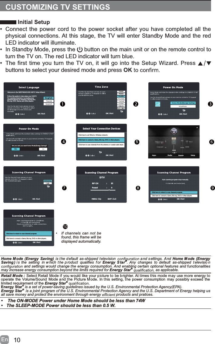 10EnCUSTOMIZING TV SETTINGS Initial Setup&bull; Connect the power cord to the power socket after you have completed all thephysical connections. At this stage, the TV will enter Standby Mode and the redLED indicator will illuminate. &bull; In Standby Mode, press the button on the main unit or on the remote control toturn the TV on. The red LED indicator will turn blue.&bull; The first time you turn the TV on, it will go into the Setup Wizard. Pressbuttons to select your desired mode and press OK&bull; If channels can not befound, this frame will bedisplayed automatically.5789Follow this guide to help setup your UHDTV for scanning channels or accessing your external devices for Antenna, Set-top Box,Blu-ray, DVD, Games and other players.Welcome to the WESTINGHOUSE UHDTV Setup Wizard.OK :NextFollow this guide to help setup your UHDTV for scanning channels or accessing yourexternal devices for Antenna, Set-top Box,Blu-ray, DVD, Games and other players.Welcome to the WESTINGHOUSE UHDTV Setup Wizard.Are you sure you want Home Mode(Energy Saving)?Click here to set Wired or Wireless network.Click here to scan channels from the antenna or coaxial cable input.Click here to connect a Game, Blu-ray, DVD or other players.Select Your Connection DevicesOK :NextOK :NextOK :NextOK :NextHawaiiAlaskaOK :NextOK :NextOK :NextClick here to connect a Game, Blu-ray, DVD or other players.Scanning Channel ProgramRF CH : 51Found : 0MENU:SkipEXIT :QuitDTVAuto scanning program stops manually.Click here to return to scan channel programClick here to connect a Game, Blu-ray, DVD or other players.Click here to return to scan channel programHome Mode optimizes the standard video settingsOK :NextAre you sure you want Home Mode(Energy Saving)?OK :NextHome M ode (Energy Saving) is t he d efault as-shipped t elevision  and s ettings. And Home M ode (EnergySaving ) i s the setting in w hich  t he p roduct qualifies  f or Energy  S tar&reg;. Any changes to default as-shipped  t elevisio nand settings would change the energy consumption. And enabling certain optional features and functionalitiesmay increase energy consumption beyond the limits required for Energy Star&reg; as applicable.Retail Mode : Select Retail Mode if you would like your picture to be brighter. At times this mode may use more energy tooperate the Volume/Sound Mode and the Picture Mode. In this setting, t he power consumption may possibly e xceed thelimited requirement of the Energy Star&reg;Energy Star&reg; is a set of power-saving guidelines issued by the U.S. Environmental Protection Agency(EPA).Energy Star&reg; is a joint program of the U.S. Environmental Protection Agency and the U.S. Department of Energy helping usall save money and protect the environment through energy  products and pratices.&bull;  The ON-MODE Power under Home Mode should be less than 74W&bull; The SLEEP-MODE Power should be less than 0.5 W.Apps Media SetupSourceHDMI1HDMI2Component TV HDMI3