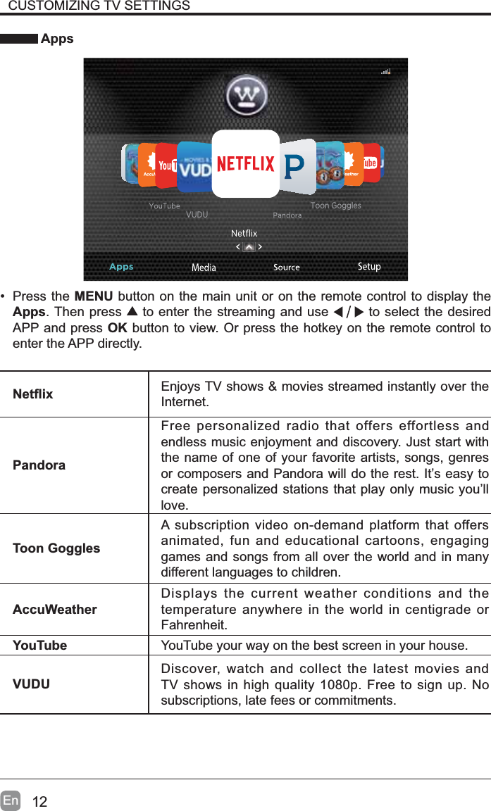 12En Apps&bull; Press the MENU button on the main unit or on the remote control to display the Apps. Then press  to enter the streaming and use  to select the desired APP and press OK button to view. Or press the hotkey on the remote control to enter the APP directly.1HW&Agrave;L[ Enjoys TV shows &amp; movies streamed instantly over the Internet.PandoraFree personalized radio that offers effortless and endless music enjoyment and discovery. Just start with the name of one of your favorite artists, songs, genres or composers and Pandora will do the rest. It&rsquo;s easy to create personalized stations that play only music you&rsquo;ll love.Toon GogglesA subscription video on-demand platform that offers animated, fun and educational cartoons, engaging games and songs from all over the world and in many different languages to children. AccuWeatherDisplays the current weather conditions and the temperature anywhere in the world in centigrade or Fahrenheit.YouTube YouTube your way on the best screen in your house.VUDUDiscover, watch and collect the latest movies and TV shows in high quality 1080p. Free to sign up. No subscriptions, late fees or commitments.CUSTOMIZING TV SETTINGSVUDUToon Goggles