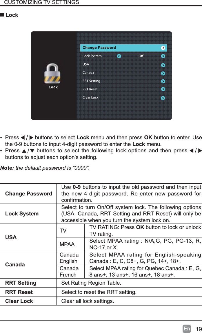 19EnCUSTOMIZING TV SETTINGS Lock&bull; Press  buttons to select Lock menu and then press OK button to enter. Use the 0-9 buttons to input 4-digit password to enter the Lock menu.&bull; Press  buttons to select the following lock options and then pressbuttons to adjust each option&rsquo;s setting.Note: the default password is &ldquo;0000&rdquo;. Change PasswordUse 0-9 buttons to input the old password and then input the new 4-digit password. Re-enter new password for FRQ&iquest;UPDWLRQLock SystemSelect to turn On/Off system lock. The following options 86$&amp;DQDGD5576HWWLQJDQG5575HVHWZLOORQO\EHaccessible when you turn the system lock on.USATV TV RATING: Press OK button to lock or unlock TV rating.MPAA Select MPAA rating : N/A,G, PG, PG-13, R, NC-17,or X.CanadaCanadaEnglishSelect MPAA rating for English-speaking Canada : E, C, C8+, G, PG, 14+, 18+.CanadaFrenchSelect MPAA rating for Quebec Canada : E, G, 8 ans+, 13 ans+, 16 ans+, 18 ans+.RRT Setting Set Rating Region Table.RRT Reset Select to reset the RRT setting.Clear Lock Clear all lock settings. 