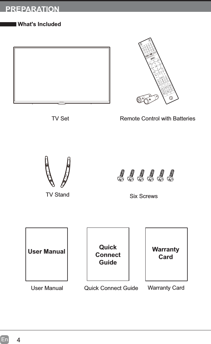 4EnPREPARATION What's IncludedQuick Connect GuideQuickConnectGuideUser ManualUser ManualRemote Control with BatteriesWarranty CardWarranty CardTV SetTV Stand Six Screws