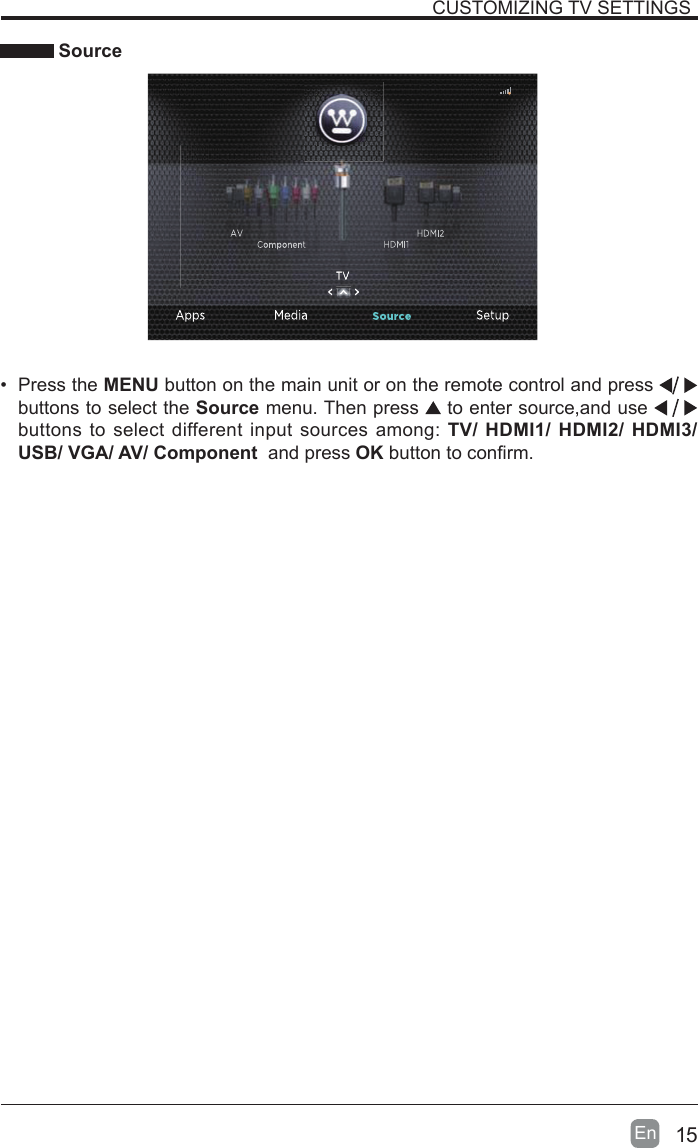 15En  CUSTOMIZING TV SETTINGS Source&bull;  Press the MENU button on the main unit or on the remote control and press   buttons to select the Source menu. Then press   to enter source,and use   buttons to select different input sources among: TV/ HDMI1/ HDMI2/ HDMI3/ USB/ VGA/ AV/ Component  and press OK button to conrm.  