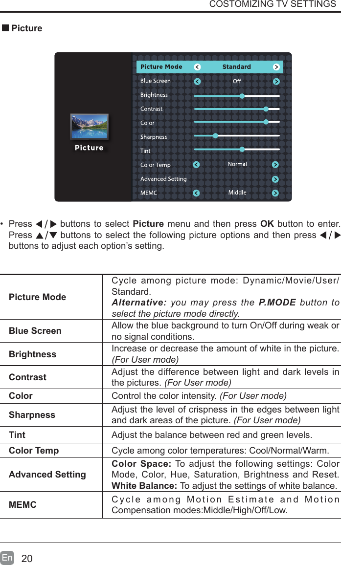 20En  &bull;  Press   buttons to select Picture menu and then press OK button to enter. Press   buttons to select the following picture options and then press   buttons to adjust each option&rsquo;s setting.  PicturePicture ModeCycle among picture mode: Dynamic/Movie/User/Standard.Alternative: you may press the P.MODE button to select the picture mode directly.Blue Screen Allow the blue background to turn On/Off during weak or no signal conditions.Brightness Increase or decrease the amount of white in the picture. (For User mode)Contrast Adjust the difference between light and dark levels in the pictures. (For User mode)Color Control the color intensity. (For User mode)Sharpness Adjust the level of crispness in the edges between light and dark areas of the picture. (For User mode)Tint Adjust the balance between red and green levels.Color Temp Cycle among color temperatures: Cool/Normal/Warm.Advanced SettingColor Space: To adjust the following settings: Color Mode, Color, Hue, Saturation, Brightness and Reset.White Balance: To adjust the settings of white balance.MEMC Cycle among Motion Estimate and Motion Compensation modes:Middle/High/Off/Low.COSTOMIZING TV SETTINGSStandard