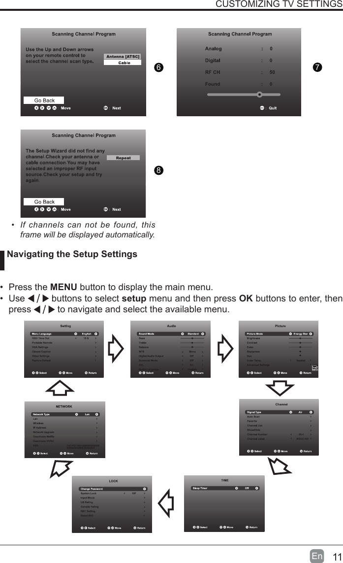 11En  CUSTOMIZING TV SETTINGS&bull;  If  channels  can  not  be  found,  this frame will be displayed automatically.  Navigating the Setup Settings&bull; Press the MENU button to display the main menu. &bull; Use   buttons to select setup menu and then press OK buttons to enter, then press   to navigate and select the available menu.876