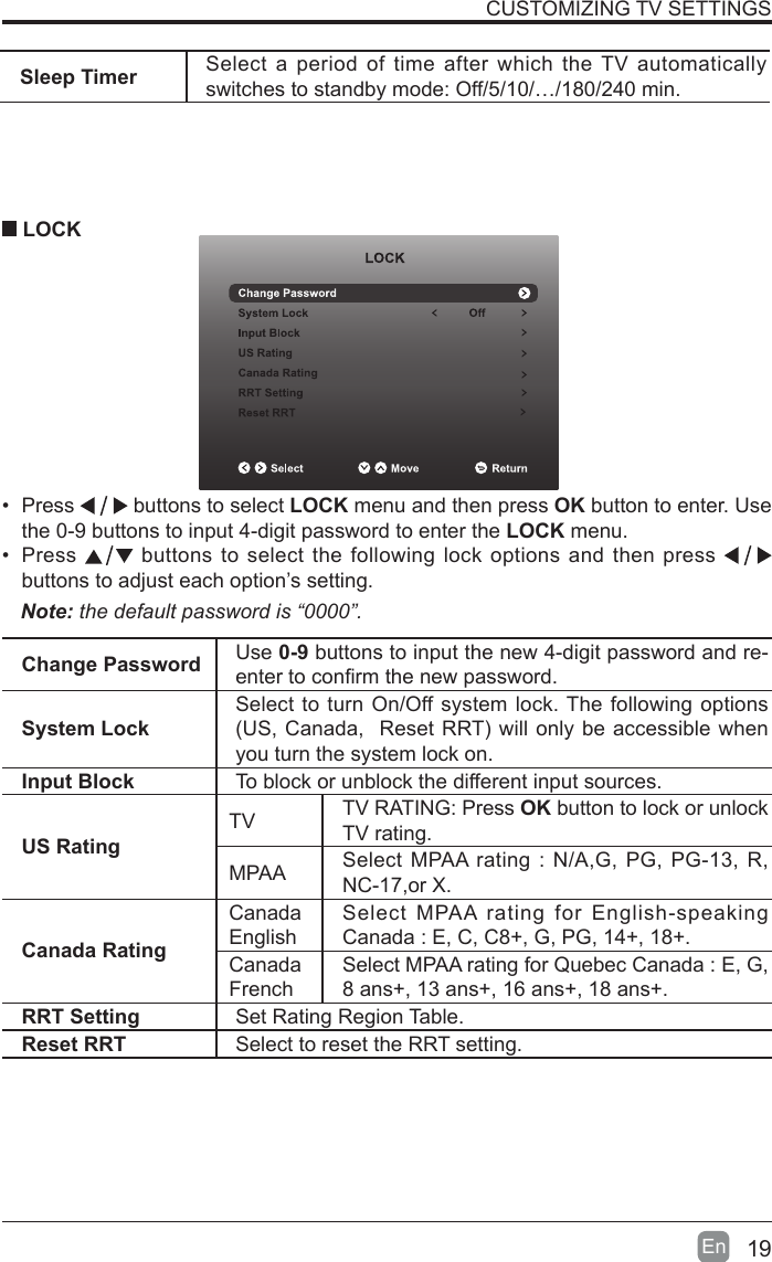 19En  Sleep Timer Select a period of time after which the TV automatically switches to standby mode: Off/5/10/&hellip;/180/240 min.&bull; Press   buttons to select LOCK menu and then press OK button to enter. Use the 0-9 buttons to input 4-digit password to enter the LOCK menu.&bull; Press   buttons to select the following lock options and then press buttons to adjust each option&rsquo;s setting. LOCKNote: the default password is &ldquo;0000&rdquo;. Change Password Use 0-9 buttons to input the new 4-digit password and re-entertoconrmthenewpassword.System LockSelect to turn On/Off system lock. The following options (US,Canada,ResetRRT)willonlybeaccessiblewhenyou turn the system lock on.Input Block To block or unblock the different input sources. US RatingTV TV RATING: Press OK button to lock or unlock TV rating.MPAA Select MPAA rating : N/A,G, PG, PG-13, R, NC-17,or X.Canada RatingCanada EnglishSelect MPAA rating for English-speaking Canada : E, C, C8+, G, PG, 14+, 18+.Canada FrenchSelect MPAA rating for Quebec Canada : E, G, 8 ans+, 13 ans+, 16 ans+, 18 ans+.RRT Setting Set Rating Region Table.Reset RRT Select to reset the RRT setting.CUSTOMIZING TV SETTINGS