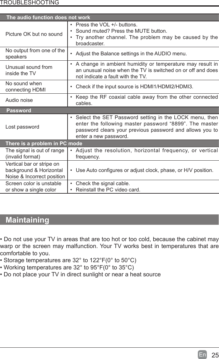 25En  TROUBLESHOOTINGThe audio function does not workPicture OK but no sound&bull; Press the VOL +/- buttons.&bull; Sound muted? Press the MUTE button.&bull; Try another channel. The problem may be caused by the broadcaster.No output from one of the speakers &bull; Adjust the Balance settings in the AUDIO menu.Unusual sound from inside the TV&bull; A change in ambient humidity or temperature may result in an unusual noise when the TV is switched on or off and does not indicate a fault with the TV. No sound when connecting HDMI &bull; Check if the input source is HDMI1/HDMI2/HDMI3.Audio noise &bull; Keep the RF coaxial cable away from the other connected cables.PasswordLost password&bull; Select the SET Password setting in the LOCK menu, then enter the following master password &ldquo;8899&rdquo;. The master password clears your previous password and allows you to enter a new password.There is a problem in PC modeThe signal is out of range (invalidformat)&bull; Adjust the resolution, horizontal frequency, or vertical frequency.Vertical bar or stripe on background &amp; Horizontal Noise &amp; Incorrect position&bull; UseAutoconguresoradjustclock,phase,orH/Vposition.Screen color is unstable or show a single color&bull; Check the signal cable.&bull; Reinstall the PC video card.Maintaining&bull;DonotuseyourTVinareasthataretoohotortoocold,becausethecabinetmaywarp or the screen may malfunction. Your TV works best in temperatures that are comfortable to you.&bull;Storagetemperaturesare32&deg;to122&deg;F(0&deg;to50&deg;C)&bull;Workingtemperaturesare32&deg;to95&deg;F(0&deg;to35&deg;C)&bull;DonotplaceyourTVindirectsunlightornearaheatsource