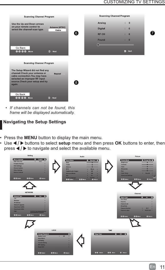 11En  CUSTOMIZING TV SETTINGS&bull;  If  channels  can  not  be  found,  this frame will be displayed automatically.  Navigating the Setup Settings&bull; Press the MENU button to display the main menu. &bull; Use   buttons to select setup menu and then press OK buttons to enter, then press   to navigate and select the available menu.876