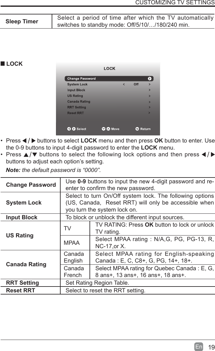 19En  Sleep Timer Select a period of time after which the TV automatically switches to standby mode: Off/5/10/&hellip;/180/240 min.&bull; Press   buttons to select LOCK menu and then press OK button to enter. Use the 0-9 buttons to input 4-digit password to enter the LOCK menu.&bull; Press   buttons to select the following lock options and then press buttons to adjust each option&rsquo;s setting. LOCKNote: the default password is &ldquo;0000&rdquo;. Change Password Use 0-9 buttons to input the new 4-digit password and re-entertoconrmthenewpassword.System LockSelect to turn On/Off system lock. The following options (US,Canada,ResetRRT)willonlybeaccessiblewhenyou turn the system lock on.Input Block To block or unblock the different input sources. US RatingTV TV RATING: Press OK button to lock or unlock TV rating.MPAA Select MPAA rating : N/A,G, PG, PG-13, R, NC-17,or X.Canada RatingCanada EnglishSelect MPAA rating for English-speaking Canada : E, C, C8+, G, PG, 14+, 18+.Canada FrenchSelect MPAA rating for Quebec Canada : E, G, 8 ans+, 13 ans+, 16 ans+, 18 ans+.RRT Setting Set Rating Region Table.Reset RRT Select to reset the RRT setting.CUSTOMIZING TV SETTINGS