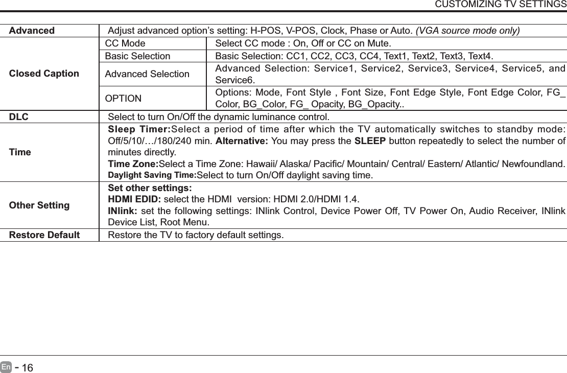       16En   -   CUSTOMIZING TV SETTINGSAdvanced Adjust advanced option&rsquo;s setting: H-POS, V-POS, Clock, Phase or Auto. (VGA source mode only)Closed CaptionCC Mode Select CC mode : On, Off or CC on Mute.Basic Selection Basic Selection: CC1, CC2, CC3, CC4, Text1, Text2, Text3, Text4.Advanced Selection Advanced Selection: Service1, Service2, Service3, Service4, Service5, and Service6.OPTION Options: Mode, Font Style , Font Size, Font Edge Style, Font Edge Color, FG_Color, BG_Color, FG_ Opacity, BG_Opacity..DLC Select to turn On/Off the dynamic luminance control.TimeSleep Timer:Select a period of time after which the TV automatically switches to standby mode: Off/5/10/&hellip;/180/240 min. Alternative: You may press the SLEEP button repeatedly to select the number of minutes directly.Time Zone:Daylight Saving Time:Select to turn On/Off daylight saving time.Other SettingSet other settings:HDMI EDID: select the HDMI  version: HDMI 2.0/HDMI 1.4.INlink: set the following settings: INlink Control, Device Power Off, TV Power On, Audio Receiver, INlink Device List, Root Menu.Restore Default Restore the TV to factory default settings.