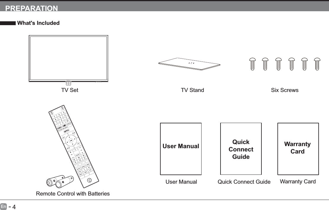       4En   -   PREPARATION What's IncludedTV SetQuick Connect GuideQuickConnect GuideUser ManualUser ManualRemote Control with BatteriesTV Stand Six ScrewsWarranty CardWarranty Card