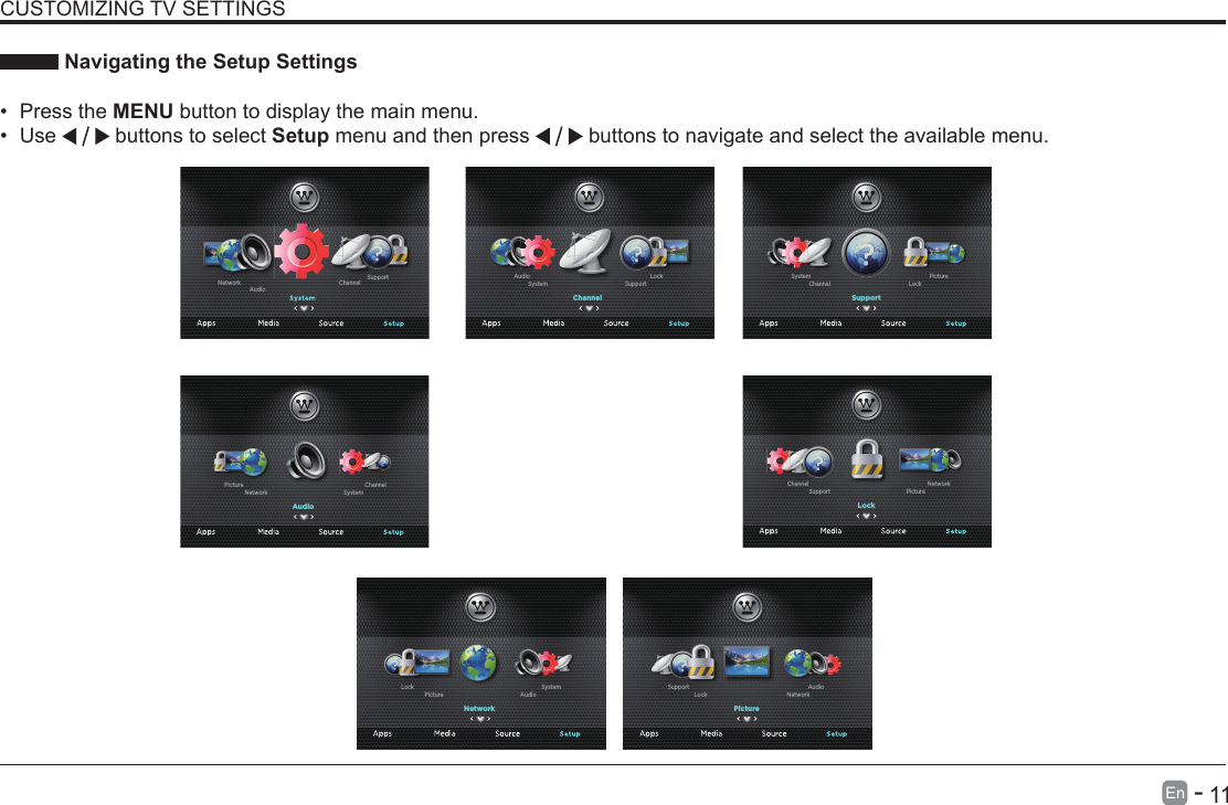       11En   -    Navigating the Setup Settings&bull; Press the MENU button to display the main menu. &bull; Use   buttons to select Setup menu and then press   buttons to navigate and select the available menu.CUSTOMIZING TV SETTINGSChannel SupportAudioNetworkChannelSupportSystemLockAudioSupportLockChannelPictureSystemLockPictureSupportNetworkChannelPictureNetworkLockAudioSupportNetworkAudioPictureSystemLockAudioSystemNetworkChannelPicture