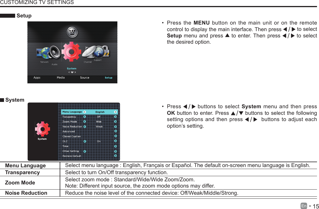       15En   -    Setup&bull; Press the MENU button on the main unit or on the remote control to display the main interface. Then press   to select Setup menu and press   to enter. Then press   to select the desired option.  System&bull; Press   buttons to select System menu and then press OK button to enter. Press   buttons to select the following setting options and then press    buttons to adjust each option&rsquo;s setting. Menu Language Select menu language : English, Fran&ccedil;ais or Espa&ntilde;ol. The default on-screen menu language is English.Transparency Select to turn On/Off transparency function.Zoom Mode Select zoom mode : Standard/Wide/Wide Zoom/Zoom.Note: Different input source, the zoom mode options may differ.Noise Reduction Reduce the noise level of the connected device: Off/Weak/Middle/Strong.CUSTOMIZING TV SETTINGSWide