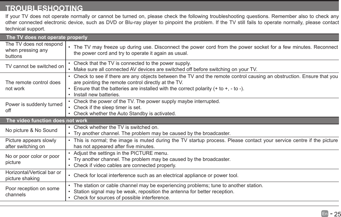       25En   -   TROUBLESHOOTINGIf your TV does not operate normally or cannot be turned on, please check the following troubleshooting questions. Remember also to check any other connected electronic device, such as DVD or Blu-ray player to pinpoint the problem. If the TV still fails to operate normally, please contact technical support.The TV does not operate properlyThe TV does not respond when pressing any buttons&bull; The TV may freeze up during use. Disconnect the power cord from the power socket for a few minutes. Reconnect the power cord and try to operate it again as usual.TV cannot be switched on &bull; Check that the TV is connected to the power supply.&bull; Make sure all connected AV devices are switched off before switching on your TV.The remote control does not work&bull; Check to see if there are any objects between the TV and the remote control causing an obstruction. Ensure that you are pointing the remote control directly at the TV.&bull; Ensurethatthebatteriesareinstalledwiththecorrectpolarity(+to+,-to-).&bull; Install new batteries. Power is suddenly turned off&bull; Check the power of the TV. The power supply maybe interrupted.&bull; Check if the sleep timer is set.&bull; Check whether the Auto Standby is activated. The video function does not workNo picture &amp; No Sound &bull; Check whether the TV is switched on.&bull; Try another channel. The problem may be caused by the broadcaster.Picture appears slowly after switching on&bull; This is normal; the image is muted during the TV startup process. Please contact your service centre if the picture hasnotappearedafterveminutes.No or poor color or poor picture&bull; Adjust the settings in the PICTURE menu.&bull; Try another channel. The problem may be caused by the broadcaster.&bull; Check if video cables are connected properly.Horizontal/Vertical bar or picture shaking &bull; Check for local interference such as an electrical appliance or power tool.Poor reception on some channels&bull; The station or cable channel may be experiencing problems; tune to another station.&bull; Station signal may be weak, reposition the antenna for better reception.&bull; Check for sources of possible interference.