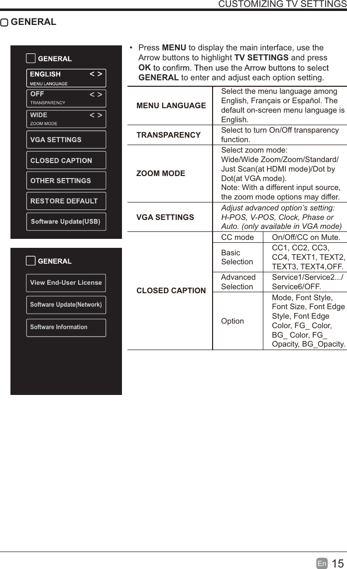 15En  CUSTOMIZING TV SETTINGS GENERAL&bull; Press MENU to display the main interface, use the Arrow buttons to highlight TV SETTINGS and press OKGENERAL to enter and adjust each option setting.  View End-User LicenseSoftware Update(Network)Software InformationWIDEMENU LANGUAGESelect the menu language among English, Fran&ccedil;ais or Espa&ntilde;ol. The default on-screen menu language is English.TRANSPARENCY Select to turn On/Off transparency function.ZOOM MODESelect zoom mode:Wide/Wide Zoom/Zoom/Standard/Just Scan(at HDMI mode)/Dot by Dot(at VGA mode).Note: With a different input source,the zoom mode options may differ.VGA SETTINGSAdjust advanced option&rsquo;s setting: H-POS, V-POS, Clock, Phase or Auto. (only available in VGA mode)CLOSED CAPTIONCC mode On/Off/CC on Mute.Basic SelectionCC1, CC2, CC3, CC4, TEXT1, TEXT2, TEXT3, TEXT4,OFF.Advanced SelectionService1/Service2.../Service6/OFF.OptionMode, Font Style, Font Size, Font Edge Style, Font Edge Color, FG_ Color, BG_ Color, FG_Opacity, BG_Opacity.