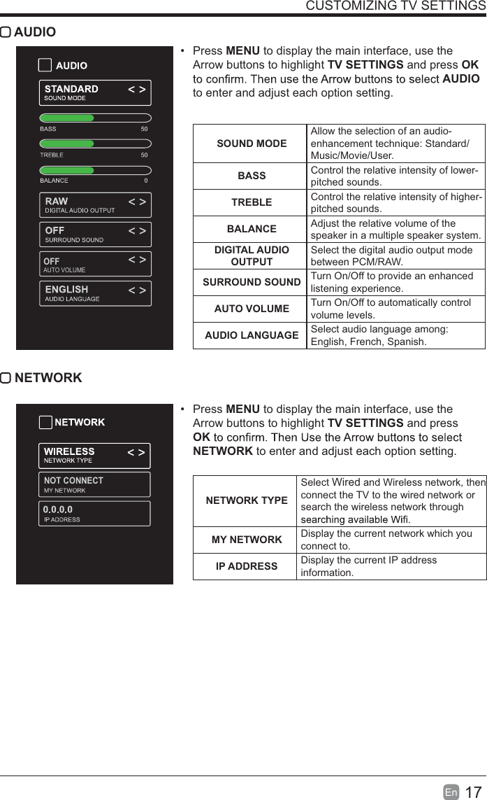 17En  CUSTOMIZING TV SETTINGS AUDIO Press MENU to display the main interface, use the Arrow buttons to highlight TV SETTINGS and press OK AUDIO to enter and adjust each option setting. SOUND MODEAllow the selection of an audio-enhancement technique: Standard/Music/Movie/User.BASS Control the relative intensity of lower-pitched sounds.TREBLE Control the relative intensity of higher-pitched sounds.BALANCE Adjust the relative volume of the speaker in a multiple speaker system.DIGITAL AUDIO OUTPUTSelect the digital audio output mode between PCM/RAW.SURROUND SOUND Turn On/Off to provide an enhanced listening experience.AUTO VOLUME Turn On/Off to automatically control volume levels.AUDIO LANGUAGE Select audio language among: English, French, Spanish. NETWORK Press MENU to display the main interface, use the Arrow buttons to highlight TV SETTINGS and press OKNETWORK to enter and adjust each option setting. NETWORK TYPESelect Wired and Wireless network, then connect the TV to the wired network or search the wireless network through MY NETWORK Display the current network which you connect to.IP ADDRESS Display the current IP address information.OFFAUTO VOLUMENOT CONNECT
