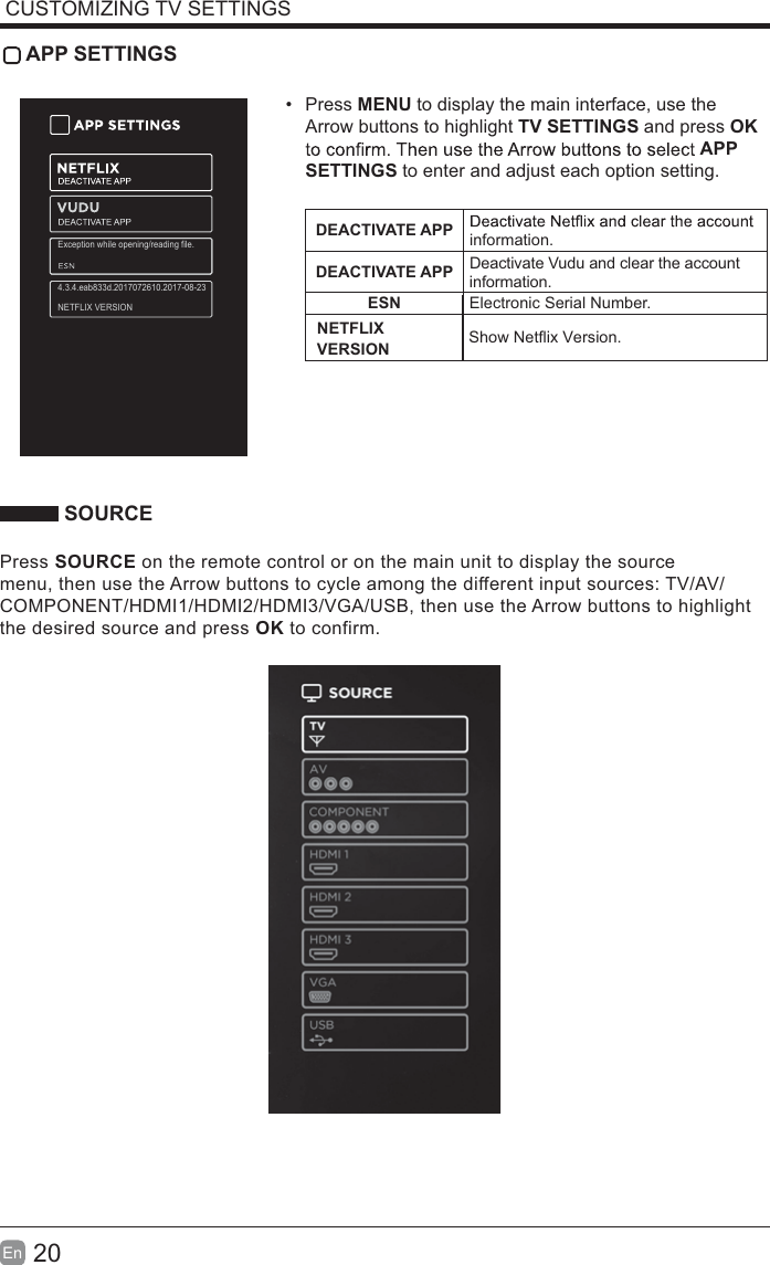 20En  CUSTOMIZING TV SETTINGS APP SETTINGS Press MENU to display the main interface, use the Arrow buttons to highlight TV SETTINGS and press OK APP SETTINGS to enter and adjust each option setting.DEACTIVATE APP information.DEACTIVATE APP Deactivate Vudu and clear the account information.ESN Electronic Serial Number. SOURCEPress SOURCE on the remote control or on the main unit to display the source menu, then use the Arrow buttons to cycle among the different input sources: TV/AV/COMPONENT/HDMI1/HDMI2/HDMI3/VGA/USB, then use the Arrow buttons to highlight the desired source and press OK to confirm.NETFLIX VERSION Show Netflix  Version.Exception while opening/reading file.4.3.4.eab833d.2017072610.2017-08-23NETFLIX VERSION