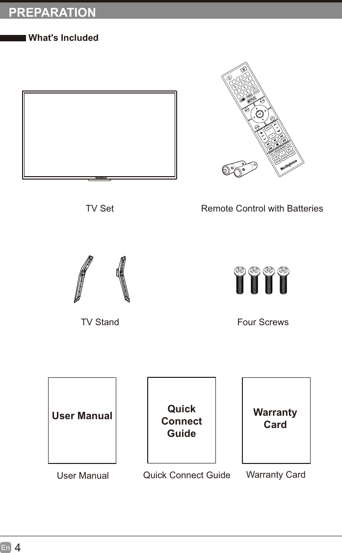 4En  PREPARATION What's IncludedQuick Connect GuideQuickConnect GuideUser ManualUser ManualRemote Control with BatteriesWarranty CardWarranty CardTV SetTV Stand Four Screws