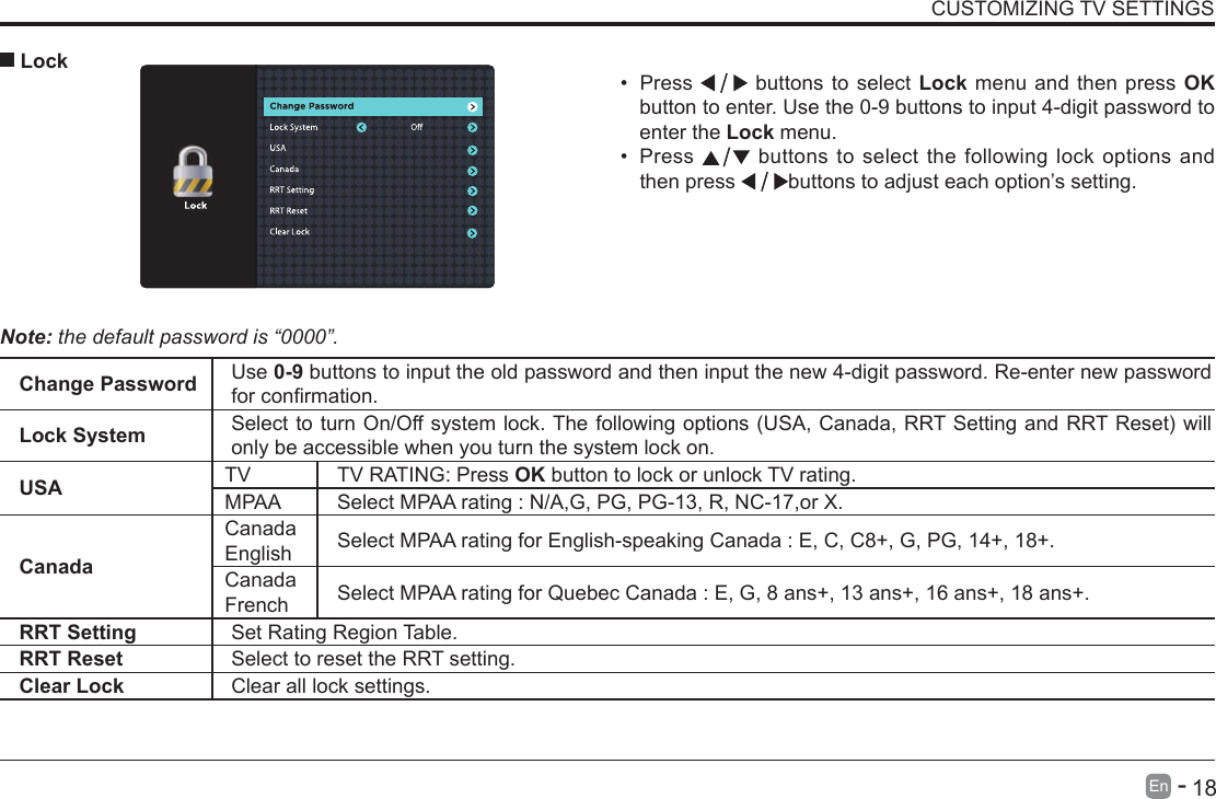       18En   -   CUSTOMIZING TV SETTINGS&bull; Press   buttons to select Lock menu and then press OK button to enter. Use the 0-9 buttons to input 4-digit password to enter the Lock menu.&bull; Press   buttons to select the following lock options and then press  buttons to adjust each option&rsquo;s setting. LockNote: the default password is &ldquo;0000&rdquo;. Change Password Use 0-9 buttons to input the old password and then input the new 4-digit password. Re-enter new password forconrmation.Lock System SelecttoturnOn/Offsystemlock.Thefollowingoptions(USA,Canada,RRTSettingandRRTReset)willonly be accessible when you turn the system lock on.USA TV TV RATING: Press OK button to lock or unlock TV rating.MPAA Select MPAA rating : N/A,G, PG, PG-13, R, NC-17,or X.CanadaCanada English Select MPAA rating for English-speaking Canada : E, C, C8+, G, PG, 14+, 18+.Canada French Select MPAA rating for Quebec Canada : E, G, 8 ans+, 13 ans+, 16 ans+, 18 ans+.RRT Setting Set Rating Region Table.RRT Reset Select to reset the RRT setting.Clear Lock Clear all lock settings. 