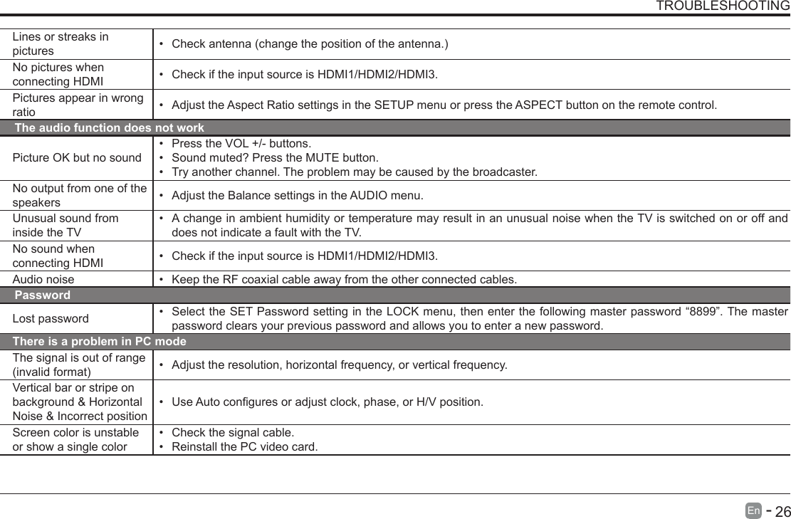       26En   -   TROUBLESHOOTINGThe audio function does not workPicture OK but no sound&bull; Press the VOL +/- buttons.&bull; Sound muted? Press the MUTE button.&bull; Try another channel. The problem may be caused by the broadcaster.No output from one of the speakers &bull; Adjust the Balance settings in the AUDIO menu.Unusual sound from inside the TV&bull; A change in ambient humidity or temperature may result in an unusual noise when the TV is switched on or off and does not indicate a fault with the TV. No sound when connecting HDMI &bull; Check if the input source is HDMI1/HDMI2/HDMI3.Audio noise &bull; Keep the RF coaxial cable away from the other connected cables.PasswordLost password &bull; Select the SET Password setting in the LOCK menu, then enter the following master password &ldquo;8899&rdquo;. The master password clears your previous password and allows you to enter a new password.There is a problem in PC modeThe signal is out of range (invalidformat) &bull; Adjust the resolution, horizontal frequency, or vertical frequency.Vertical bar or stripe on background &amp; Horizontal Noise &amp; Incorrect position&bull; UseAutoconguresoradjustclock,phase,orH/Vposition.Screen color is unstable or show a single color&bull; Check the signal cable.&bull; Reinstall the PC video card.Lines or streaks in pictures &bull; Checkantenna(changethepositionoftheantenna.)No pictures when connecting HDMI &bull; Check if the input source is HDMI1/HDMI2/HDMI3.Pictures appear in wrong ratio &bull; Adjust the Aspect Ratio settings in the SETUP menu or press the ASPECT button on the remote control.