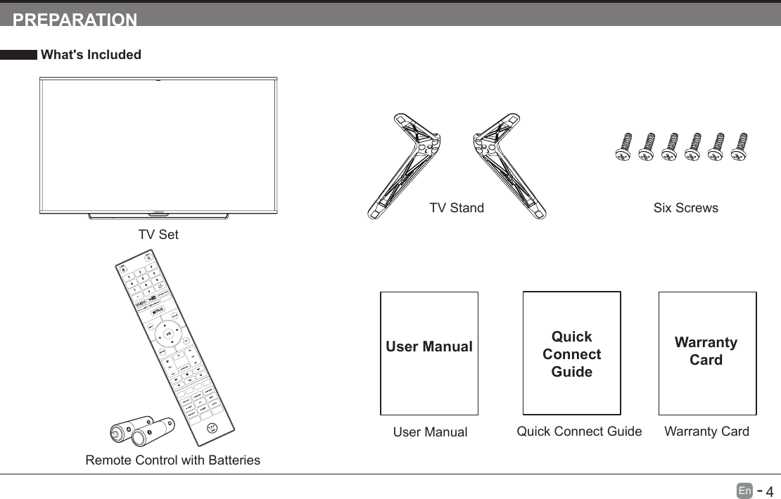       4En   -   PREPARATION What's IncludedTV SetQuick Connect GuideQuickConnect GuideUser ManualUser ManualRemote Control with BatteriesTV Stand Six ScrewsWarranty CardWarranty Card