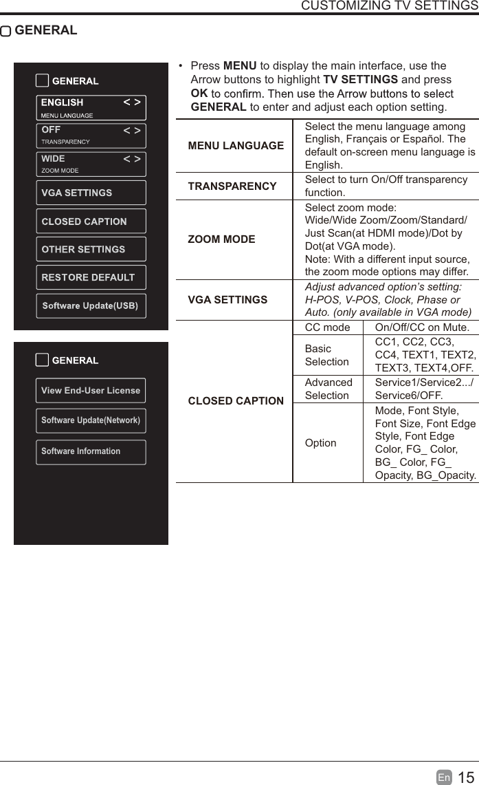 15En  CUSTOMIZING TV SETTINGS GENERAL&bull; Press MENU to display the main interface, use the Arrow buttons to highlight TV SETTINGS and press OKGENERAL to enter and adjust each option setting.  View End-User LicenseSoftware Update(Network)Software InformationWIDEMENU LANGUAGESelect the menu language among English, Fran&ccedil;ais or Espa&ntilde;ol. The default on-screen menu language is English.TRANSPARENCY Select to turn On/Off transparency function.ZOOM MODESelect zoom mode:Wide/Wide Zoom/Zoom/Standard/Just Scan(at HDMI mode)/Dot by Dot(at VGA mode).Note: With a different input source,the zoom mode options may differ.VGA SETTINGSAdjust advanced option&rsquo;s setting: H-POS, V-POS, Clock, Phase or Auto. (only available in VGA mode)CLOSED CAPTIONCC mode On/Off/CC on Mute.Basic SelectionCC1, CC2, CC3, CC4, TEXT1, TEXT2, TEXT3, TEXT4,OFF.Advanced SelectionService1/Service2.../Service6/OFF.OptionMode, Font Style, Font Size, Font Edge Style, Font Edge Color, FG_ Color, BG_ Color, FG_Opacity, BG_Opacity.