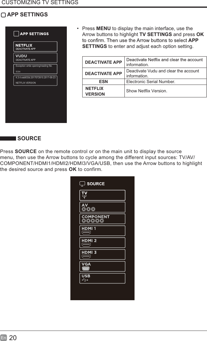 20En  CUSTOMIZING TV SETTINGS APP SETTINGS&bull; Press MENU to display the main interface, use the Arrow buttons to highlight TV SETTINGS and press OK APP SETTINGS to enter and adjust each option setting.DEACTIVATE APP information.DEACTIVATE APP Deactivate Vudu and clear the account information.ESN Electronic Serial Number. SOURCEPress SOURCE on the remote control or on the main unit to display the source menu, then use the Arrow buttons to cycle among the different input sources: TV/AV/COMPONENT/HDMI1/HDMI2/HDMI3/VGA/USB, then use the Arrow buttons to highlight the desired source and press OK to confirm.NETFLIX VERSION Show Netflix  Version.Exception while opening/reading file.4.3.4.eab833d.2017072610.2017-08-23NETFLIX VERSION