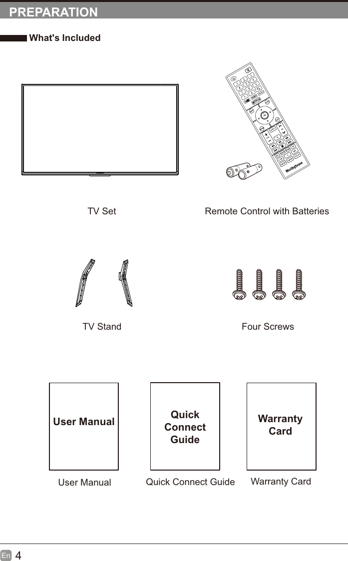 4En  PREPARATION What's IncludedQuick Connect GuideQuickConnect GuideUser ManualUser ManualRemote Control with BatteriesWarranty CardWarranty CardTV SetTV Stand Four Screws