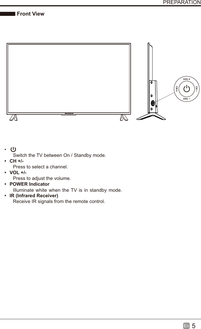 5En  PREPARATION Front View &bull; Switch the TV between On / Standby mode.&bull; CH +/-Press to select a channel.&bull; VOL +/-Press to adjust the volume.&bull; POWER Indicator&bull;  IR (Infrared Receiver)Receive IR signals from the remote control.Illuminate white  when the TV is in standby mode.