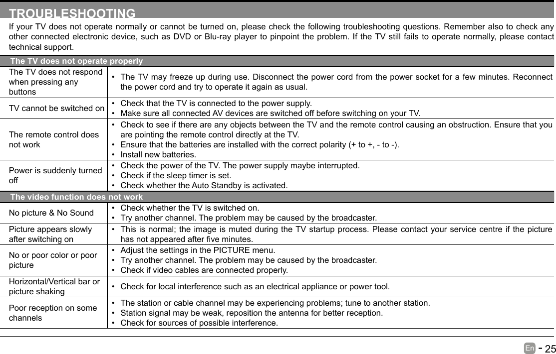       25En   -   TROUBLESHOOTINGIf your TV does not operate normally or cannot be turned on, please check the following troubleshooting questions. Remember also to check any other connected electronic device, such as DVD or Blu-ray player to pinpoint the problem. If the TV still fails to operate normally, please contact technical support.The TV does not operate properlyThe TV does not respond when pressing any buttons&bull; The TV may freeze up during use. Disconnect the power cord from the power socket for a few minutes. Reconnect the power cord and try to operate it again as usual.TV cannot be switched on &bull; Check that the TV is connected to the power supply.&bull; Make sure all connected AV devices are switched off before switching on your TV.The remote control does not work&bull; Check to see if there are any objects between the TV and the remote control causing an obstruction. Ensure that you are pointing the remote control directly at the TV.&bull; Ensurethatthebatteriesareinstalledwiththecorrectpolarity(+to+,-to-).&bull; Install new batteries. Power is suddenly turned off&bull; Check the power of the TV. The power supply maybe interrupted.&bull; Check if the sleep timer is set.&bull; Check whether the Auto Standby is activated. The video function does not workNo picture &amp; No Sound &bull; Check whether the TV is switched on.&bull; Try another channel. The problem may be caused by the broadcaster.Picture appears slowly after switching on&bull; This is normal; the image is muted during the TV startup process. Please contact your service centre if the picture hasnotappearedafterveminutes.No or poor color or poor picture&bull; Adjust the settings in the PICTURE menu.&bull; Try another channel. The problem may be caused by the broadcaster.&bull; Check if video cables are connected properly.Horizontal/Vertical bar or picture shaking &bull; Check for local interference such as an electrical appliance or power tool.Poor reception on some channels&bull; The station or cable channel may be experiencing problems; tune to another station.&bull; Station signal may be weak, reposition the antenna for better reception.&bull; Check for sources of possible interference.