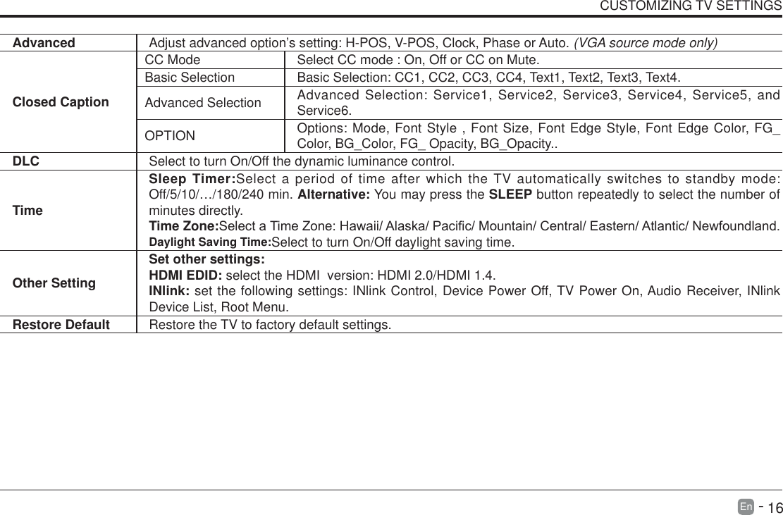       16En   -   CUSTOMIZING TV SETTINGSAdvanced Adjust advanced option&rsquo;s setting: H-POS, V-POS, Clock, Phase or Auto. (VGA source mode only)Closed CaptionCC Mode Select CC mode : On, Off or CC on Mute.Basic Selection Basic Selection: CC1, CC2, CC3, CC4, Text1, Text2, Text3, Text4.Advanced Selection Advanced Selection: Service1, Service2, Service3, Service4, Service5, and Service6.OPTION Options: Mode, Font Style , Font Size, Font Edge Style, Font Edge Color, FG_Color, BG_Color, FG_ Opacity, BG_Opacity..DLC Select to turn On/Off the dynamic luminance control.TimeSleep Timer:Select a period of time after which the TV automatically switches to standby mode: Off/5/10/&hellip;/180/240 min. Alternative: You may press the SLEEP button repeatedly to select the number of minutes directly.Time Zone:SelectaTimeZone:Hawaii/Alaska/Pacic/Mountain/Central/Eastern/Atlantic/Newfoundland.Daylight Saving Time:Select to turn On/Off daylight saving time.Other SettingSet other settings:HDMI EDID: select the HDMI  version: HDMI 2.0/HDMI 1.4.INlink: set the following settings: INlink Control, Device Power Off, TV Power On, Audio Receiver, INlink Device List, Root Menu.Restore Default Restore the TV to factory default settings.