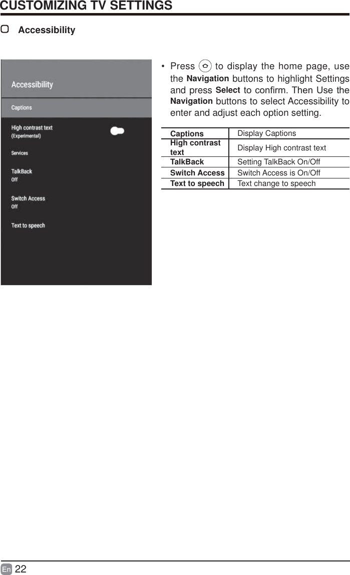 22CUSTOMIZING TV SETTINGSAccessibilityCaptions Display CaptionsHigh contrast text Display High contrast textTalkBack Setting TalkBack On/OffSwitch Access Switch Access is On/OffText to speech Text change to speech&bull; Press   to display the home page, use the Navigation buttons to highlight Settings and press SelectWRFRQ&iquest;UP7KHQ8VHWKHNavigation buttons to select Accessibility to enter and adjust each option setting.