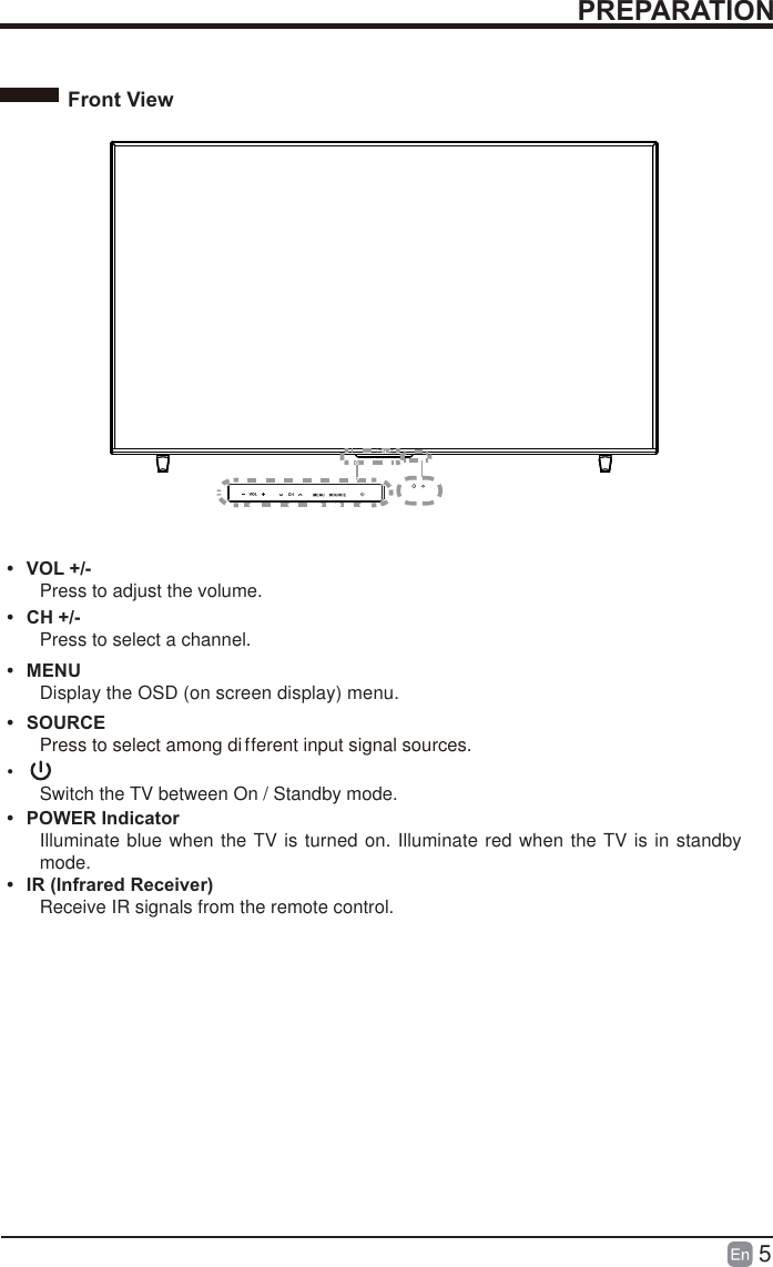 5PREPARATIONFront View&bull;  Switch the TV between On / Standby mode.&bull; CH +/-Press to select a channel.&bull; VOL +/-Press to adjust the volume.&bull; MENUDisplay the OSD (on screen display) menu.&bull; SOURCEPress to select among different input signal sources.&bull; POWER IndicatorIlluminate blue when the TV is turned on. Illuminate red when the TV is in standby mode.&bull;  IR (Infrared Receiver)Receive IR signals from the remote control.