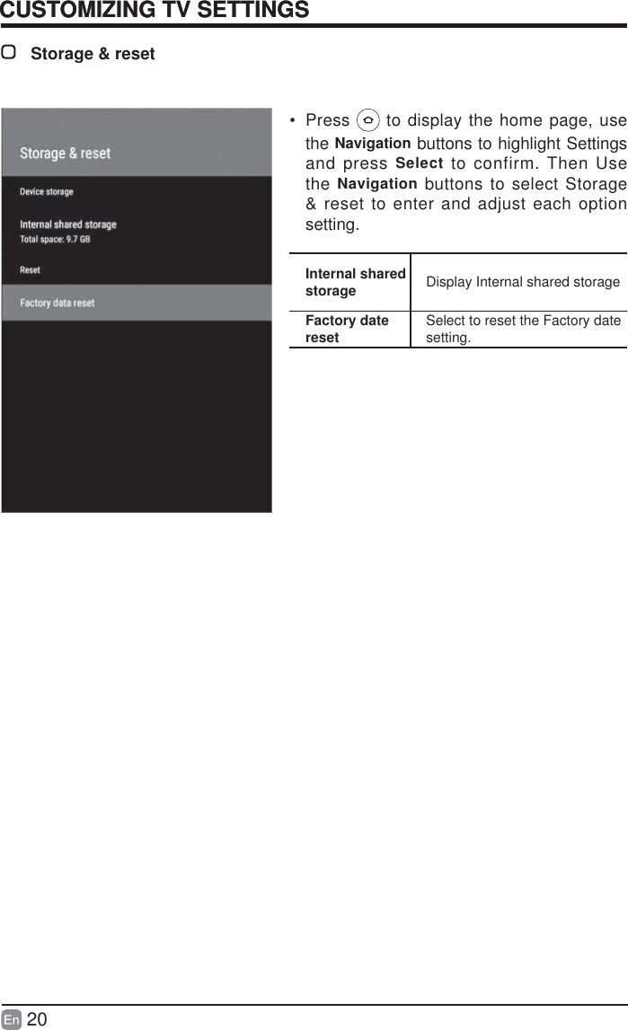 20CUSTOMIZING TV SETTINGSStorage &amp; resetInternal shared storage Display Internal shared storageFactory date reset Select to reset the Factory date setting.&bull; Press   to display the home page, use the Navigation buttons to highlight Settings and press Select to confirm. Then Use the Navigation buttons to select Storage &amp; reset to enter and adjust each option setting.CUSTOMIZING TV SETTINGS