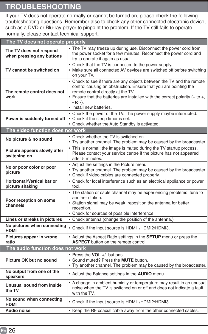 26If your TV does not operate normally or cannot be turned on, please check the following troubleshooting questions. Remember also to check any other connected electronic device, such as a DVD or Blu-ray player to pinpoint the problem. If the TV still fails to operate normally, please contact technical support.The TV does not operate properlyThe TV does not respond when pressing any buttons&bull;  The TV may freeze up during use. Disconnect the power cord from the power socket for a few minutes. Reconnect the power cord and try to operate it again as usual.TV cannot be switched on &bull;  Check that the TV is connected to the power supply.&bull;  Make sure all connected AV devices are switched off before switching on your TV.The remote control does not work&bull;  Check to see if there are any objects between the TV and the remote control causing an obstruction. Ensure that you are pointing the remote control directly at the TV.&bull;  Ensure that the batteries are installed with the correct polarity (+ to +, WR&bull;  Install new batteries. Power is suddenly turned off &bull;  Check the power of the TV. The power supply maybe interrupted.&bull;  Check if the sleep timer is set.&bull;  Check whether the Auto Standby is activated. The video function does not workNo picture &amp; no sound &bull;  Check whether the TV is switched on.&bull;  Try another channel. The problem may be caused by the broadcaster.Picture appears slowly after switching on&bull;  This is normal; the image is muted during the TV startup process. Please contact your service centre if the picture has not appeared after 5 minutes.No or poor color or poor picture&bull;  Adjust the settings in the Picture menu.&bull;  Try another channel. The problem may be caused by the broadcaster. &bull;  Check if video cables are connected properly.Horizontal/Vertical bar or picture shaking &bull;  Check for local interference such as an electrical appliance or power tool.Poor reception on some channels&bull;  The station or cable channel may be experiencing problems; tune to another station.&bull;  Station signal may be weak, reposition the antenna for better reception. &bull;  Check for sources of possible interference.Lines or streaks in pictures &bull;  &amp;KHFNDQWHQQDFKDQJHWKHSRVLWLRQRIWKHDQWHQQDNo pictures when connecting HDMI &bull;  Check if the input source is HDMI1/HDMI2/HDMI3.Pictures appear in wrong ratio &bull;  Adjust the Aspect Ratio settings in the SETUP menu or press the ASPECT button on the remote control.The audio function does not workPicture OK but no sound &bull; Press the VOL +/- buttons. &bull;  Sound muted? Press the MUTE button.&bull;  Try another channel. The problem may be caused by the broadcaster.No output from one of the speakers &bull;  Adjust the Balance settings in the AUDIO menu.Unusual sound from inside the TV&bull;  A change in ambient humidity or temperature may result in an unusual noise when the TV is switched on or off and does not indicate a fault with the TV.No sound when connecting HDMI &bull;  Check if the input source is HDMI1/HDMI2/HDMI3.Audio noise &bull;  Keep the RF coaxial cable away from the other connected cables.TROUBLESHOOTING
