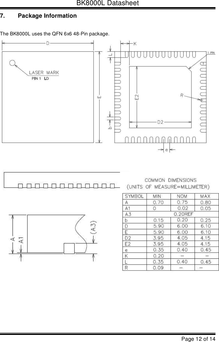 BK8000L DatasheetPage 12 of 147.Package InformationThe BK8000Luses the QFN 6x6 48-Pin package.