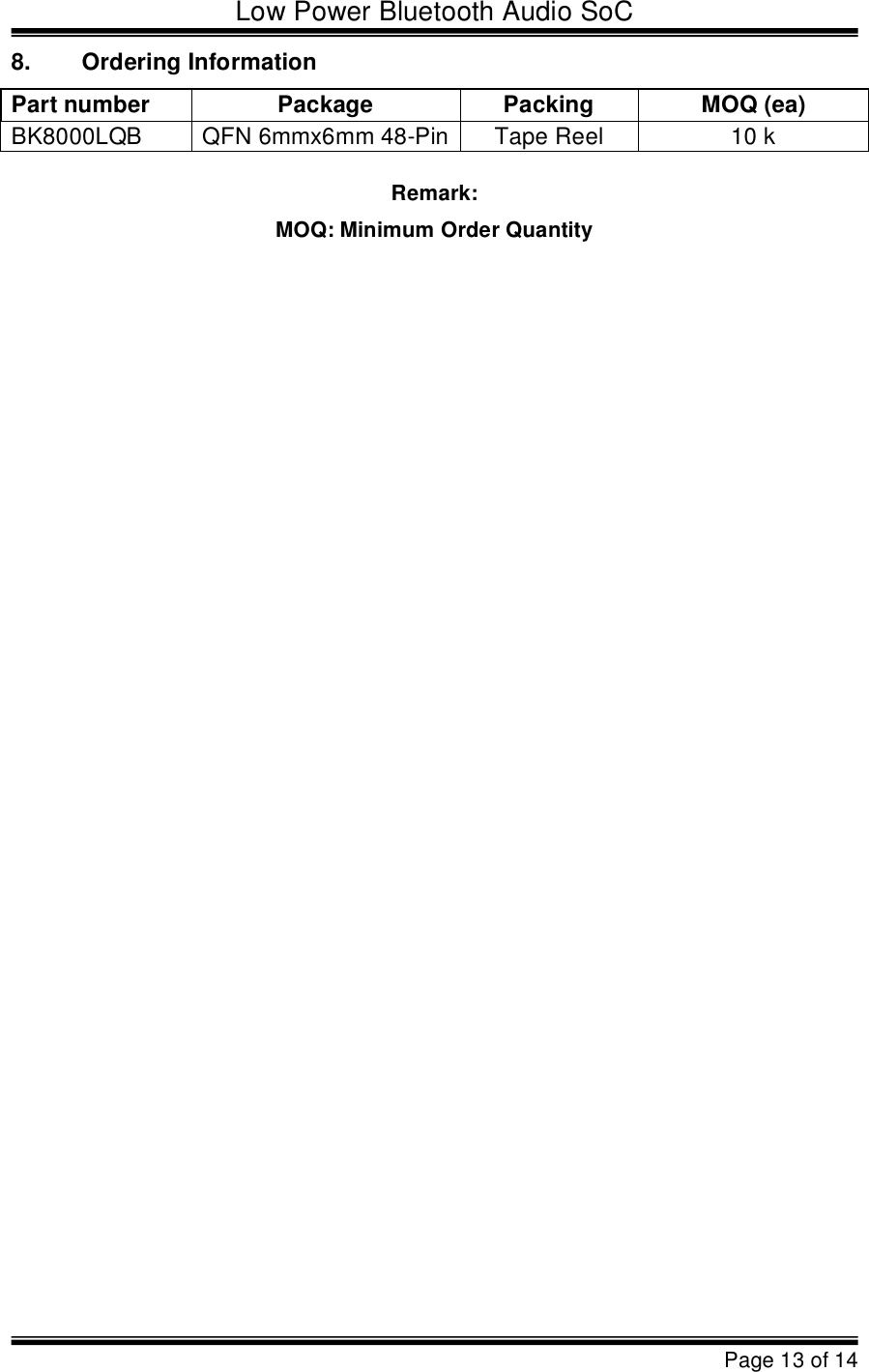 Low Power Bluetooth Audio SoCPage 13 of 148.Ordering InformationPart numberPackagePackingMOQ (ea)BK8000LQBQFN6mmx6mm48-PinTape Reel10 kRemark:MOQ: Minimum Order Quantity